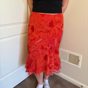 Vintage red midi silk skirt